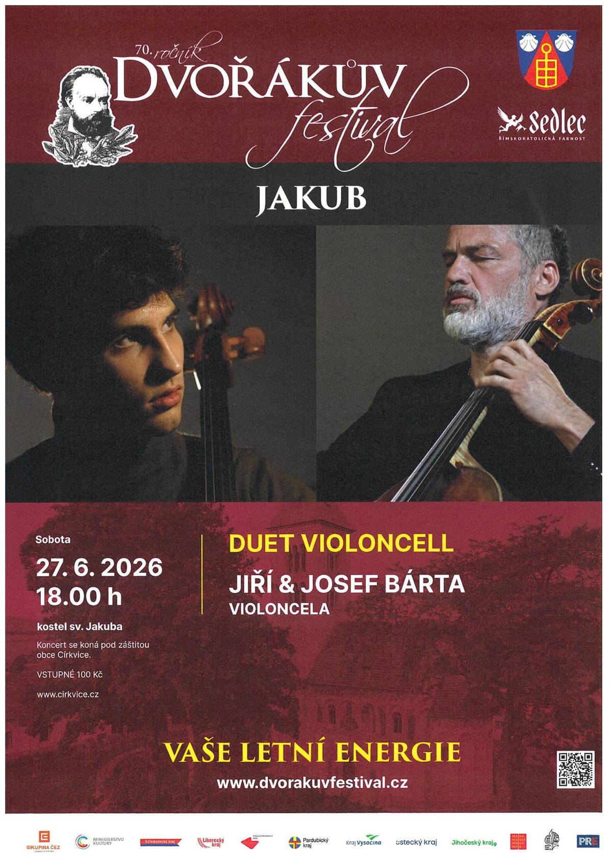 Dvořákův festival 27. 6. 2026 v kostele v Jakubě. Vstupné 100Kč.