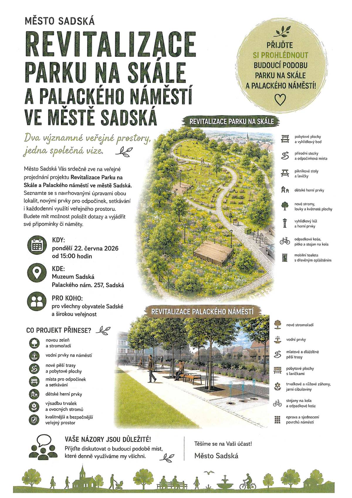 Zveme vás na veřejné představení a projednání chystaného projektu revitalizace a obnovy parku na Skále a na Palackého náměstí, které se koná v pondělí 22. června od 15:00 hodin v 1. patře budovy Muzea. Projekt bude následně představen i na webových stránkách města.