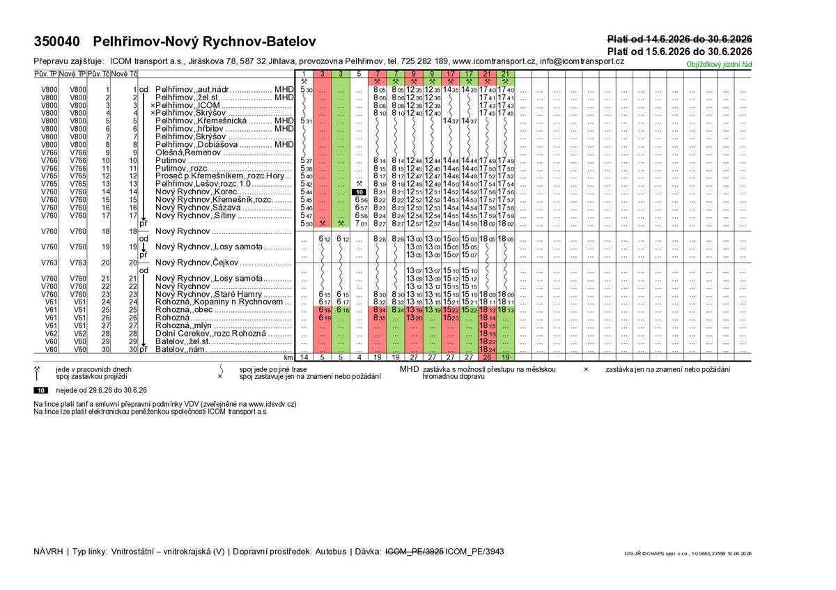 v příloze zasíláme výlukový jízdní řád linky 350040, 764262, 764331, který bude platný od 15.06.2026 do 13.08.2026 z důvodu uzavírky III/1335 ROHOZNÁ PRŮTAH – KŘIŽ. S II/639. V příloze také naleznete porovnání stávajícího a výlukového jízdního řádu. Další informace o řešení autobusové dopravy v rámci této (i dalších uzavírek) naleznete na stránkách idsvdv.cz v sekci Mimořádnosti a výluky -> Autobusové výluky