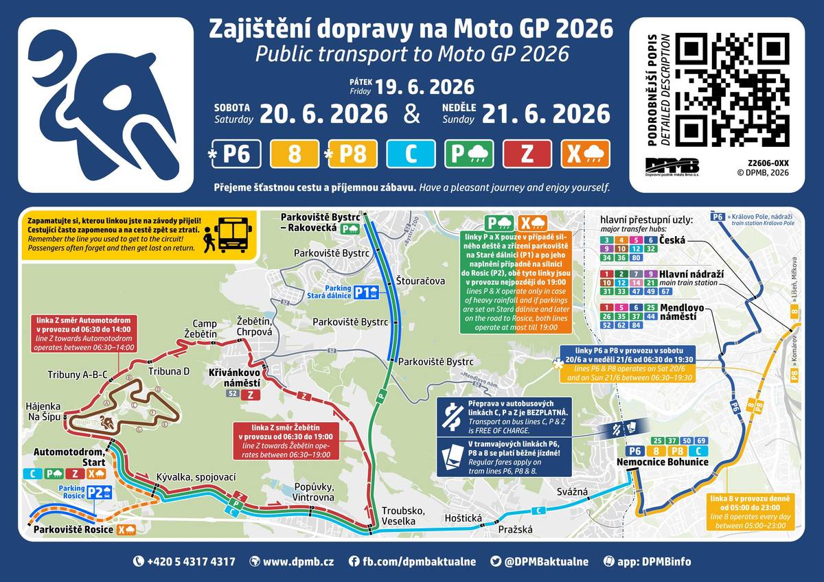 V souvislosti s konáním závodů MotoGP na Masarykově okruhu dojde ve dnech 19.–21. června 2026 k výrazným dopravním omezením v Žebětíně a okolí. V pátek 19. června bude uzavřena silnice III/3842 (ul. Ostrovačická) mezi Žebětínem a Ostrovačicemi. Objízdná trasa povede z Ostrovačic po silnicích II/602 a I/23 přes Veselku na Starou dálnici (III/3844), ve směru z Brna pak v opačném pořadí. Počítejte prosím se zvýšeným provozem a respektujte vyznačené objízdné trasy. Jak již bylo uvedeno, v části Žebětína bude současně omezen vjezd do vybraných ulic. Omezení pro nerezidenty se týká ulic: Jalovcová, Jehličnatá, Keřová, Bešůvka, Za Kněžským hájkem, Prokopův kopec, Revírníkova, Srnčí, část Ríšovy (od křižovatky s ul. Ostrovačická), Májová, Akátová, Buková, Pramenná, U hájovny, Výpadní, Klobouček, Nad Cihelnou a Remízky. Rezidentům bude vjezd umožněn po předložení občanského průkazu nebo jiného dokladu prokazujícího bydliště v uvedených ulicích. Pokud očekáváte návštěvu nebo příjezd dodavatelské firmy, můžete si vyzvednout kartu s povolením vjezdu na sekretariátu ÚMČ Brno-Žebětín. Povolenky jsou k dispozici ještě ve středu 17. 6. v době 8:00–11:30 a 12:30–17:00, případně v jiném termínu po předchozí domluvě na tel. 510 510 420. Pro návštěvníky i obyvatele bude posílena veřejná doprava. DPMB zavede bezplatné autobusové linky C a Z, které zajistí spojení s Masarykovým okruhem. Linka Z bude obsluhovat také Žebětín (zastávky Křivánkovo náměstí a Chrpová). Posílen bude rovněž provoz do terminálu Nemocnice Bohunice, odkud budou o víkendu vypraveny mimořádné tramvajové linky P6 a P8. V provozu zůstane také tramvajová linka 8 a posílená trolejbusová linka 25. Doporučujeme počítat s delšími dojezdovými časy a podle možností využívat během závodního víkendu veřejnou dopravu. Podrobné informace k dopravě a parkování naleznete na webových stránkách DPMB a MotoGP Czechia.