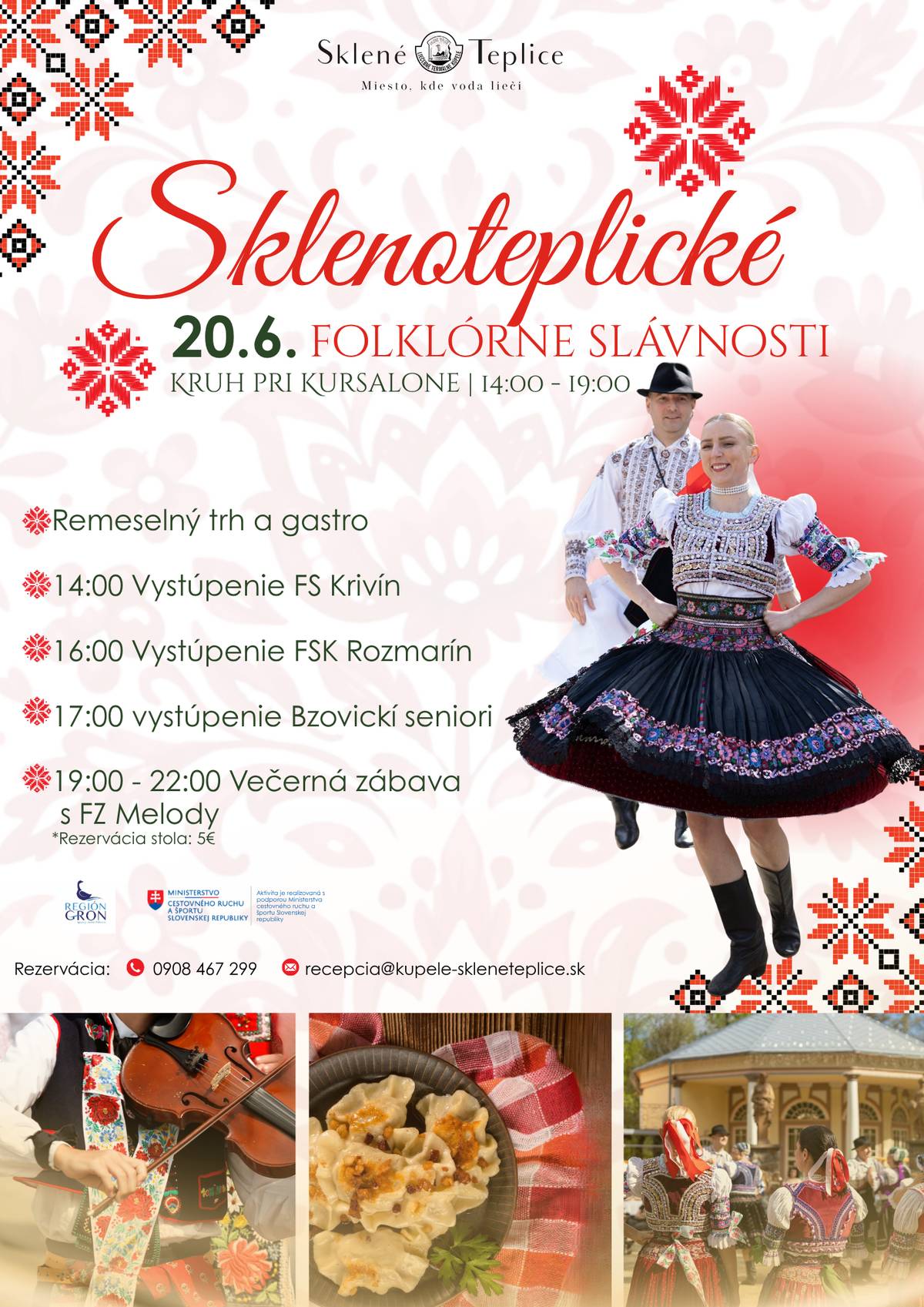 Srdečne vás pozývame na Sklenoteoplické folklórne slávnosti, ktoré sa uskutočnia 20. júna od 14:00 do 19:00 hod. v Kruhu pri Kursalone v Sklených Tepliciach. Program podujatia:  Remeselný trh a gastro – ochutnajte tradičné pokrmy a obdivujte umelecké remeslá. 14:00 – vystúpenie Folklórneho súboru Krivín. 16:00 – vystúpenie Folklórneho súboru Rozmarín. 17:00 – vystúpenie súboru Bzovickí seniori. 19:00 – 22:00 – večerná zábava s FZ Melody (rezervácia stolov možná za 5 €).  Kontakt pre rezervácie:  Telefón: +0908 467 299 E-mail: recepcia@kupele-skleneteoplice.sk  Podujatie sa koná v tradičnej folklórnej atmosfére, kde si môžete vychutnať slovenskú hudbu, tanec, remeslá a kuchyňu. Nezmeškajte možnosť zažiť autentický kultúrny zážitok v malebnom prostredí Sklených Teplíc – miesta, kde voda lieči. Tešíme sa na vašu návštevu!