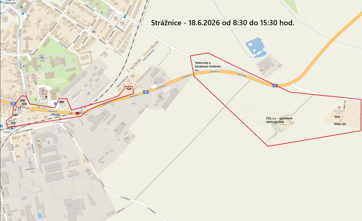 📅 18. 6. 2026 🕢 od 8:30 do 15:30 📍ulice Nádražní od č.p. 722 a č.p. 887 po ul.Veselská, Veselská od č.p. 3 a č.p. 1135 po č.p. 1322 a č.p. 1128 + Vodovody a kanalizace Hodonín a.s.,Střelnice, Malý Lán Důvod: údržbové a revizní práce na distribuční síti. Děkujeme za pochopení.