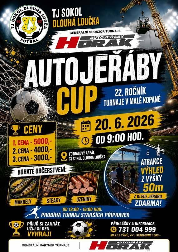 TJ Sokol Dlouhá Loučka Vás zve na 22. ročník turnaje v malé kopané AUTOJEŘÁBY CUP. Akce se koná v sobotu 20. 6. 2026 od 9.00 hodin ve fotbalovém areálu TJ Sokol Dlouhá Loučka. Více informací na plakátu: