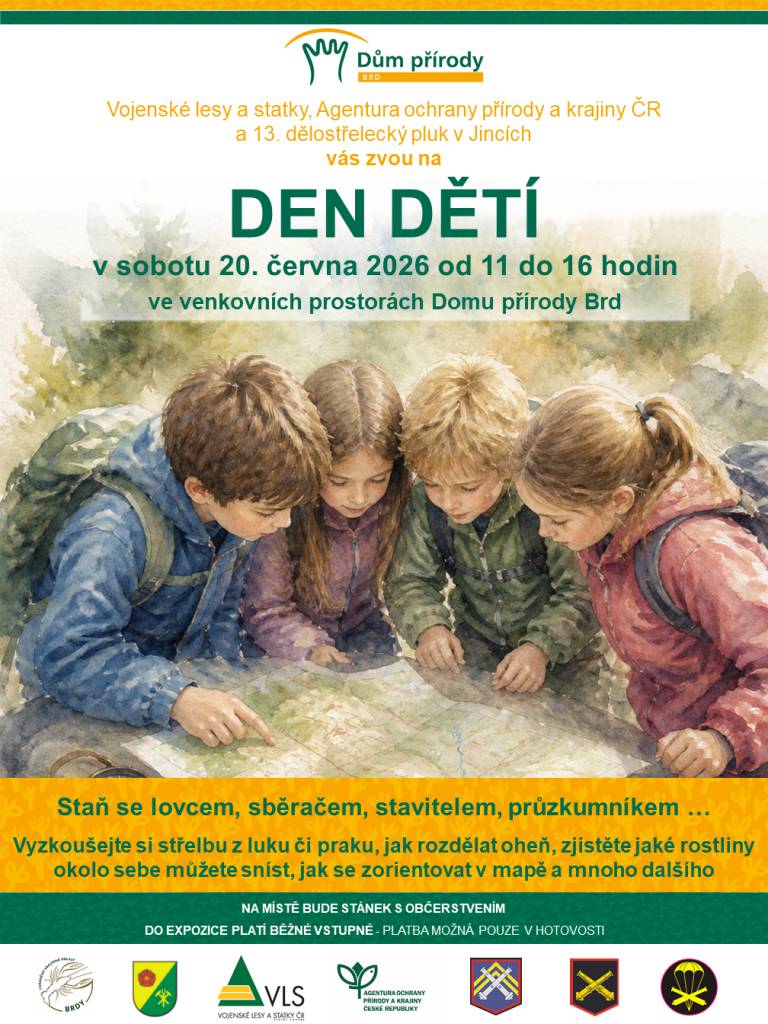 V sobotu 20.06.2026 se uskuteční Den dětí v Domě přírody Brd. Účastníci dostanou příležitost stát se lovci, sběrači, staviteli a průzkumníky. Akce slibuje zábavu a vzdělání v přírodě, včetně orientace v mapě a dalších dovedností.