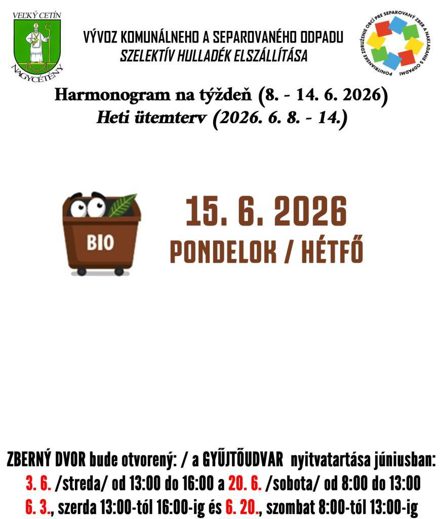 Harmonogram na týždeň (15. 6. - 21. 6. 2026)