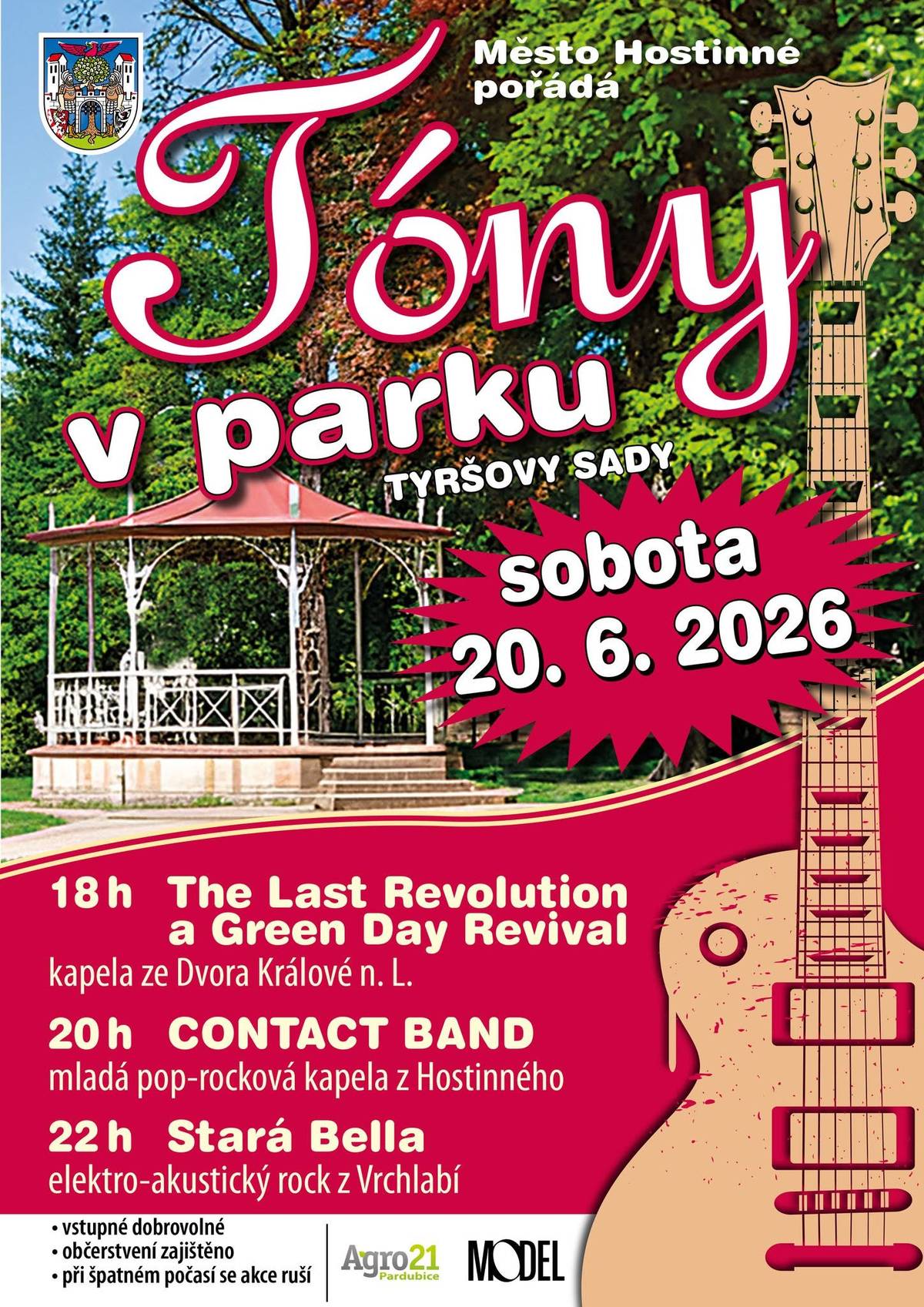 🎶 Srdečně vás zveme na první letošní Tóny v parku! 🌿 Čeká vás příjemné posezení, skvělá hudba a pohodový podvečer pod širým nebem. 📅 sobota 20. června 2026 ⏰ 18:00 📍 park Tyršovy sady 🍰 Občerstvení je zajištěno, takže stačí dorazit a užít si večer. 💛 Vstupné je dobrovolné. ☀️ Počasí máme objednané, tak vezměte rodinu, přátele a dobrou náladu. Těšíme se na vás! 🌼🎵