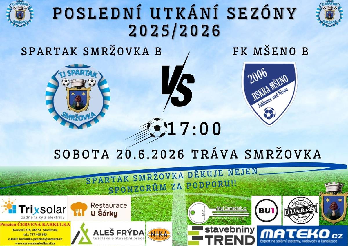 Fotbalové fanoušky zveme v sobotu 20. 6. od 17.00 hodin na poslední utkání sezóny 2025/2026 mezi TJ Spartak Smržovka B a FK Mšeno B na hřišti ve Sportovní ulici.