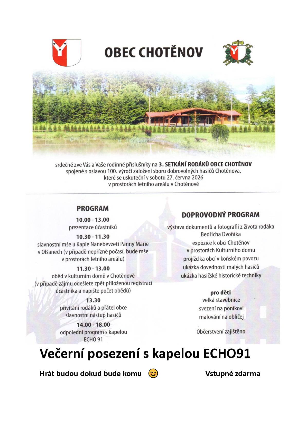 Zveme Vás v sobotu 27.6.na celodenní akci Rodáci obce Chotěnov 2026 spojené s oslavou 100 let Hasičského sboru v Chotěnově