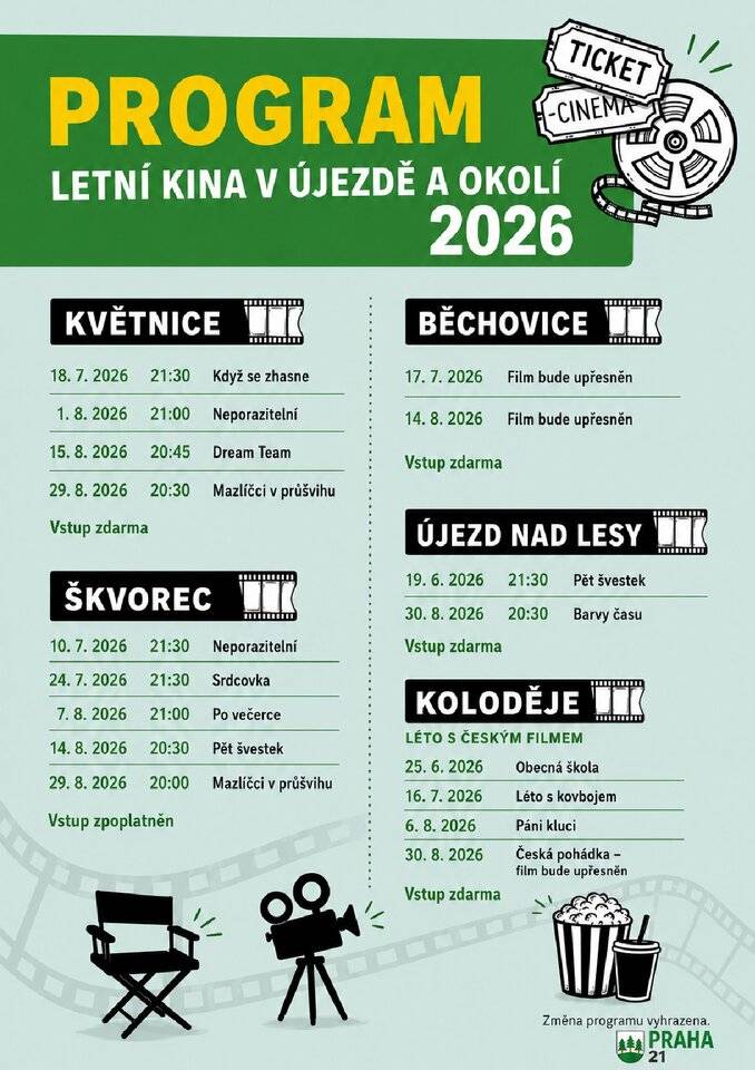 S příchodem teplých večerů se otevírá i oblíbená sezóna letních kin. Promítání pod širým nebem má své jedinečné kouzlo – příjemná atmosféra, hvězdná obloha nad hlavou a společný kulturní zážitek lákají každoročně širokou veřejnost. Pro všechny milovníky filmů jsme připravili přehled letních kin v Praze 21 i blízkém okolí. Ať už hledáte romantický večer ve dvou, zábavu s rodinou nebo setkání s přáteli, letní kina jsou ideální volbou, jak si užít letní večery naplno.  Prohlédněte si připravený přehled a vyberte si promítání, které vás nejvíce zaujme. Přejeme vám příjemné letní večery plné filmových zážitků.