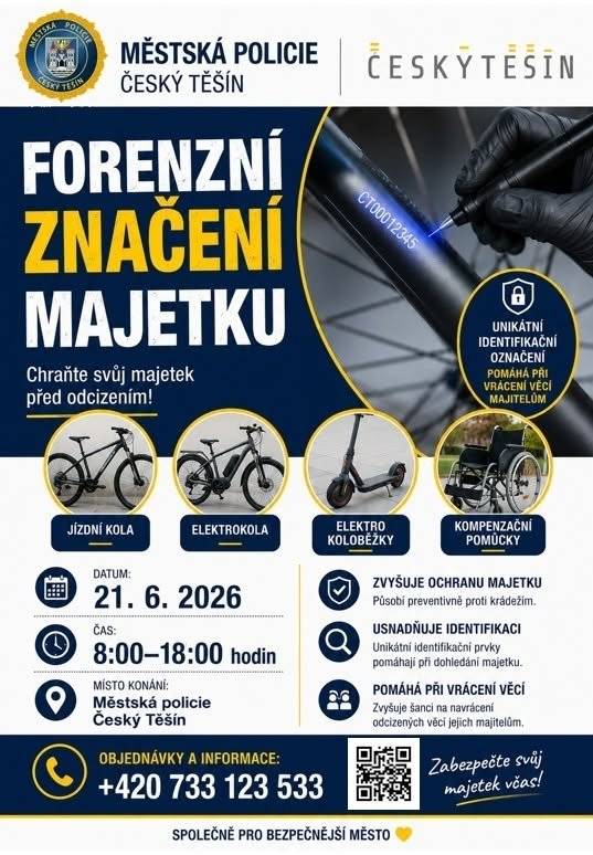 🚲🔒 Také v letošním roce bude Městská policie Český Těšín provádět značení jízdních kol pomocí syntetické DNA.  V případě zájmu o označení jízdního kola je nutné se předem objednat v pracovních dnech od 8:00 do 14:00 hodin na telefonním čísle 733 123 533. Počet míst je omezen. Značení jízdních kol proběhne dne 21. června 2026 na služebně Městské policie Český Těšín, ul. Sokolovská 2116. K označení jízdního kola si prosím přineste:  • očištěné jízdní kolo,   • občanský průkaz,   • doklad o nabytí jízdního kola.  Pokud doklad o nabytí kola nemáte k dispozici, bude na místě sepsáno čestné prohlášení. Samotné značení sice nezabrání odcizení jízdního kola, výrazně však zvyšuje pravděpodobnost jeho identifikace a navrácení skutečnému majiteli. Další výhodou je zařazení kola do lokální i mezinárodní databáze včetně jeho fotodokumentace. Neváhejte využít této bezplatné služby a zvýšit ochranu svého jízdního kola.