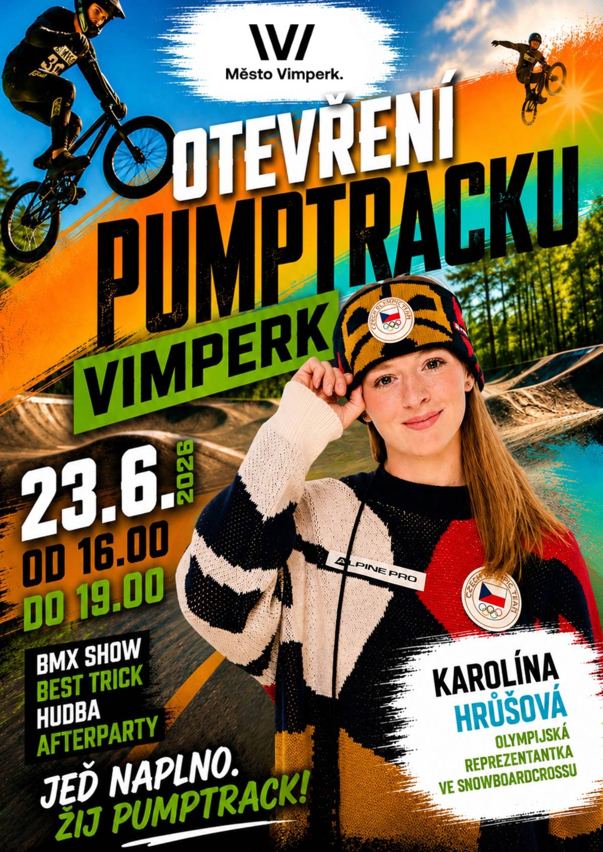 ⏰23. 6. v 16:00⏰ Město Vimperk zve na otevření nového sportoviště. Slavnostního aktu se ujme Karolína Hrůšová, olympijská reprezentantka ve snowboardcrossu a také studentka vimperského gymnázia. Těšit se můžete na nabitý program, BMX show, best trick, našlapanou hudbu i afterparty. Pumptrack si samozřejmě také budete moci ozkoušet. Helmy s sebou!