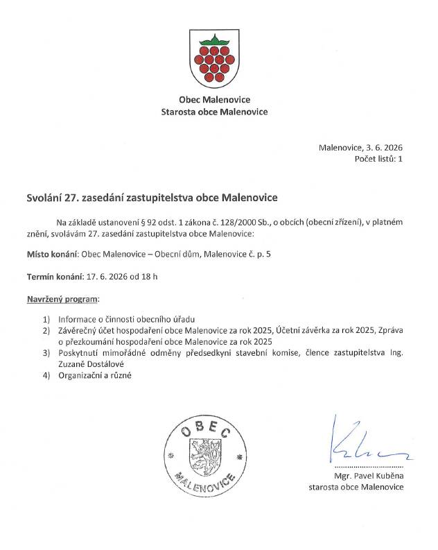 Připomínáme občanům, že 27. zasedání Zastupitelstva obce Malenovice se koná ve středu 17. 6. od 18.00 v sále Obecního domu, Malenovice 5, 739 11.