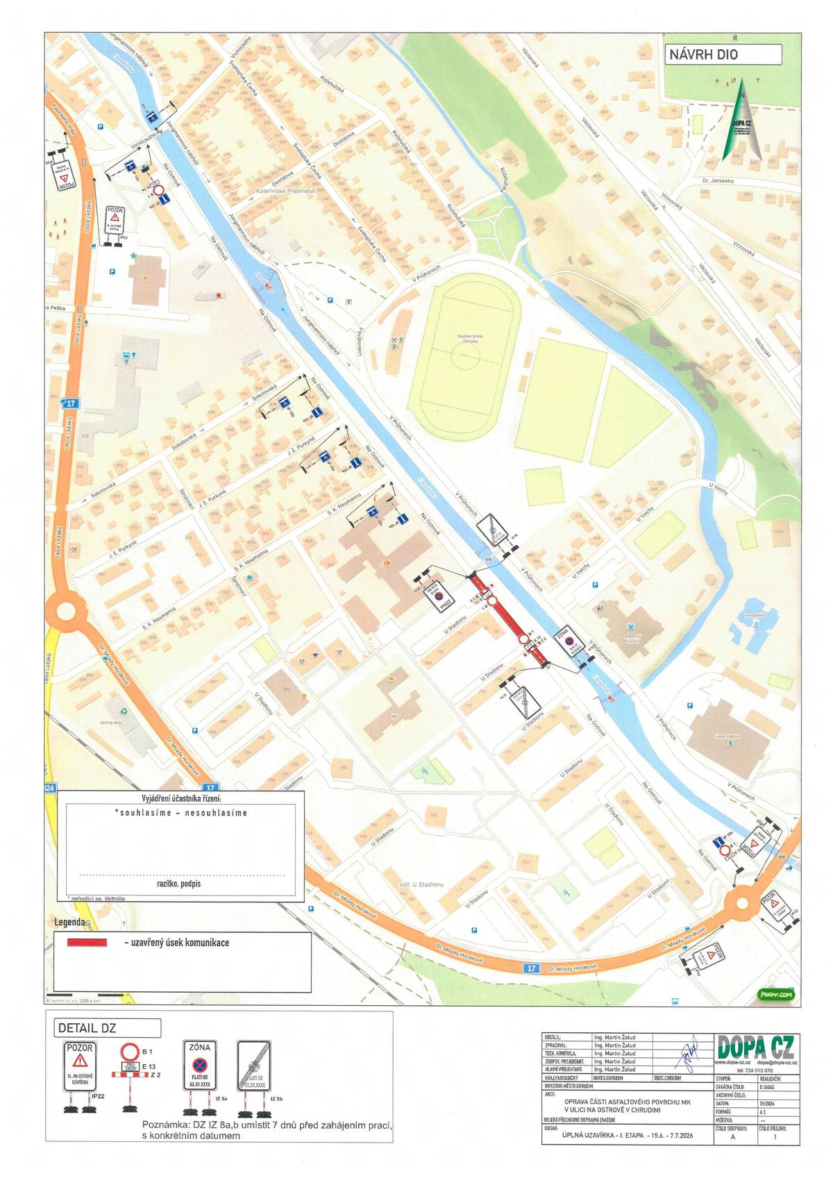 Vážení obyvatelé,   od 15. 6. do 15. 8. 2026 bude z důvodu opravy místní komunikace zcela uzavřena ulice Na Ostrově. Stavební práce budou probíhat ve 3 etapách: 🔸 1. etapa: 15. 6. – 7. 7. 2026 🔸 2. etapa: 7. 7. – 30. 7. 2026 🔸 3. etapa: 30. 7. – 8. 8. 2026 Objízdná trasa není stanovena. Prosíme řidiče i obyvatele o zvýšenou opatrnost a respektování přechodného dopravního značení. Podrobné situace jednotlivých etap naleznete v přiložených mapkách. Děkujeme za pochopení.
