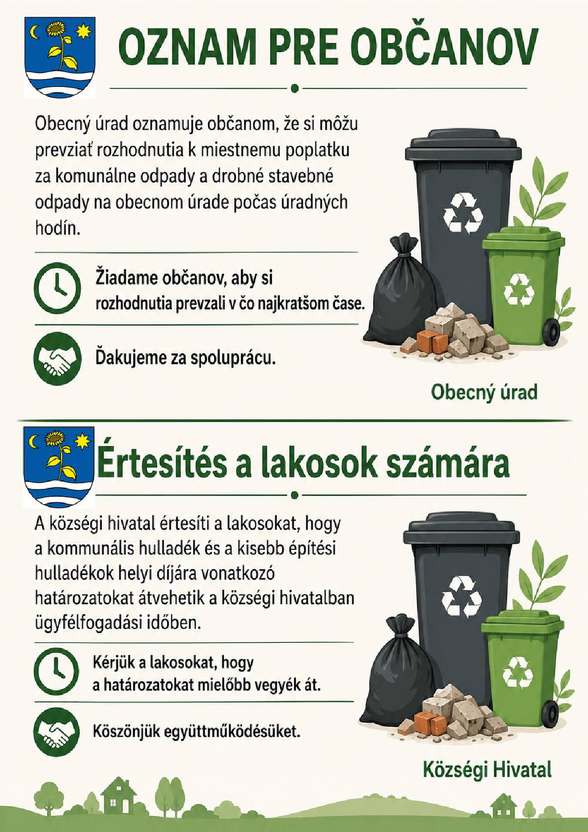 📢 Oznam pre občanov: Prevzatie rozhodnutí k miestnemu poplatku za komunálny odpad - 📢 Lakossági értesítés: A kommunális hulladék helyi díjával kapcsolatos határozatok átvétele