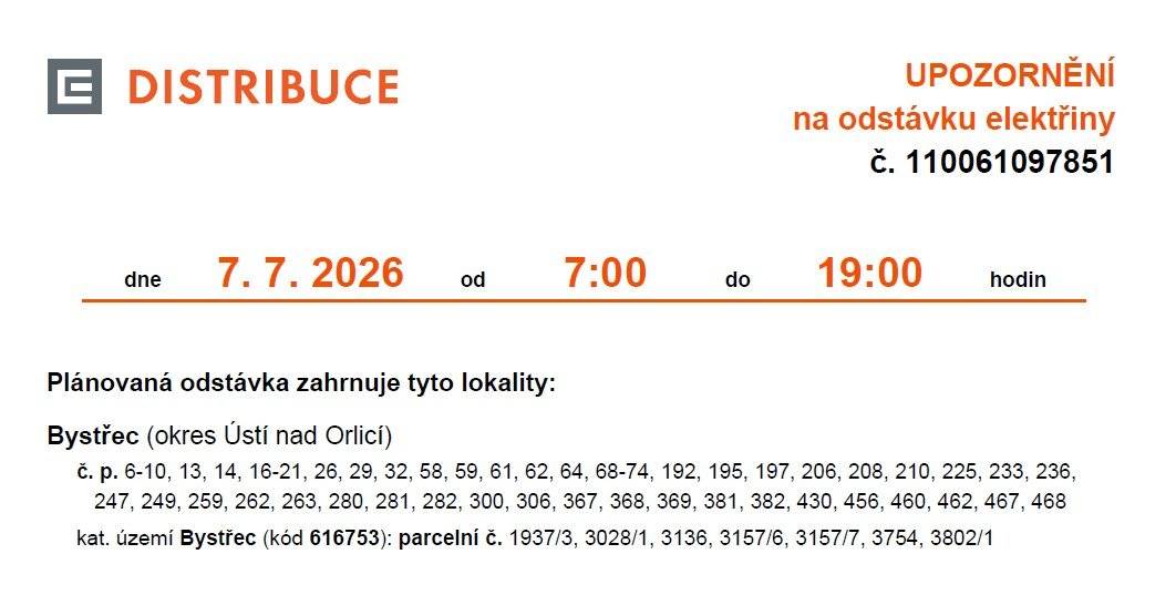Dovolte, abychom Vás informovali o plánovaném přerušení dodávky elektrické energie dne 7. 7. 2026 od 7:00 do 19:00.