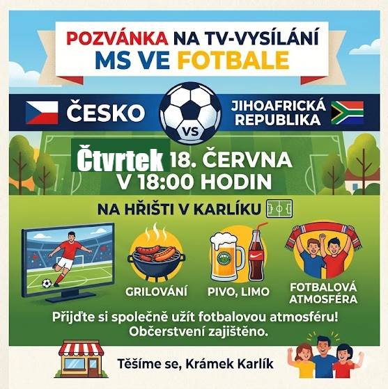 Srdečně Vás zveme na promítání fotbalového utkání na hřišti Karlík ⚽⚽⚽⚽
