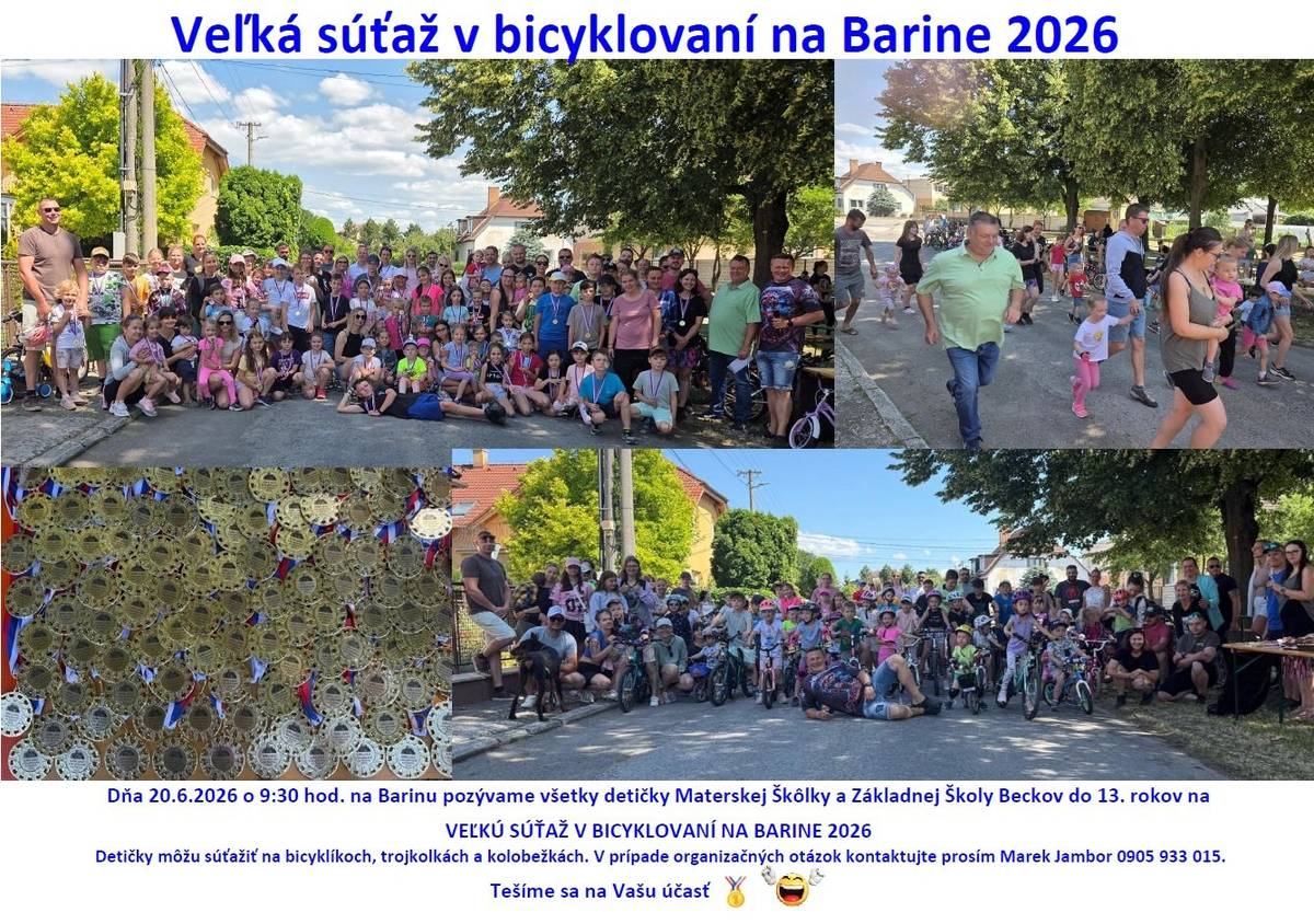 Pozývame všetky deti (do 13.rokov) v sobotu 20.6.2026 o 9.30 h na Veľkú súťaž v bicyklovaní na Barine.