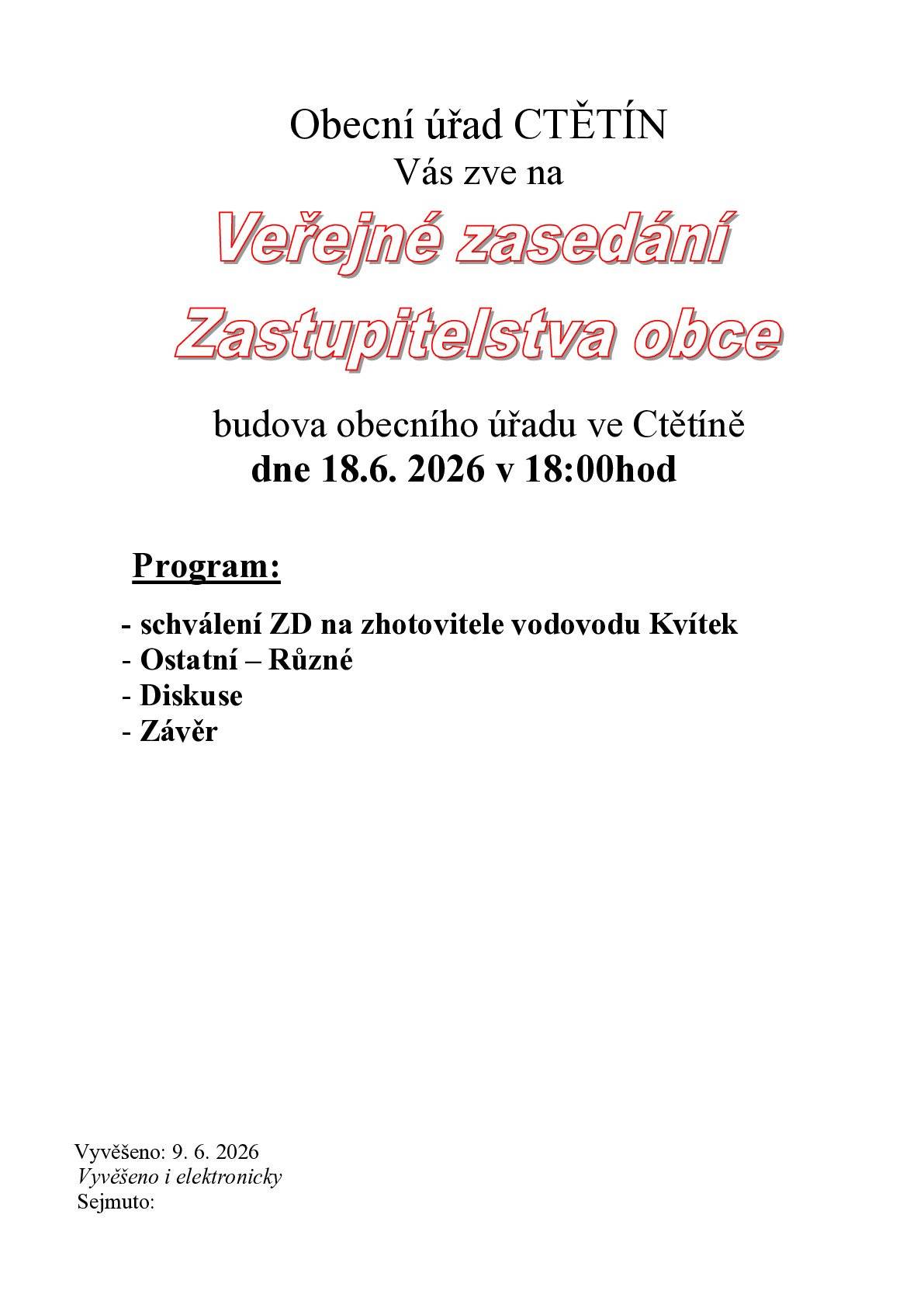 Veřejné zasedání Zastupitelstva