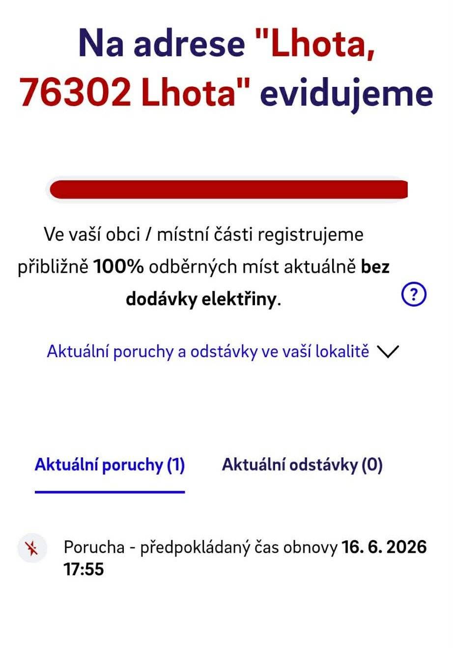 Dnes v obci došlo k přerušení dodávky elektřiny.  Předpokládaný čas obnovy  16.6.2026 v 17:55 hod.