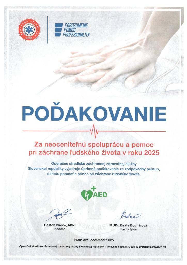 Milí občania,  s radosťou sa s Vami chceme podeliť o poďakovanie, ktoré naša obec obdržala od Operačného strediska záchrannej zdravotnej služby Slovenskej republiky.