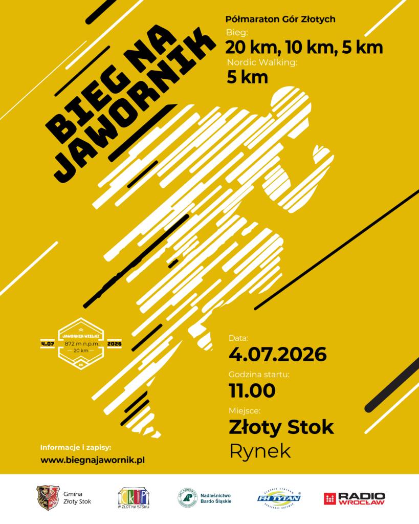 Jedinečná atmosféra, krásná příroda Zlatohorských hor a výstup na Jawornik Wielki (872 m n. m.) budou opět hlavním lákadlem této oblíbené sportovní akce.    Více informací a registrace:  www.biegnajawornik.pl    4. července 2026  Start v 11:00  Złoty Stok – Rynek