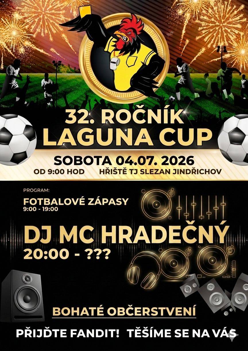 Obec Jindřichov a TJ Slezan Jindřichov srdečně zvou na 32. ročník tradičního turnaje v minikopané Laguna Cup, který se bude konat v sobotu 4. července 2026 od 9 hodin na hřišti TJ Slezan Jindřichov