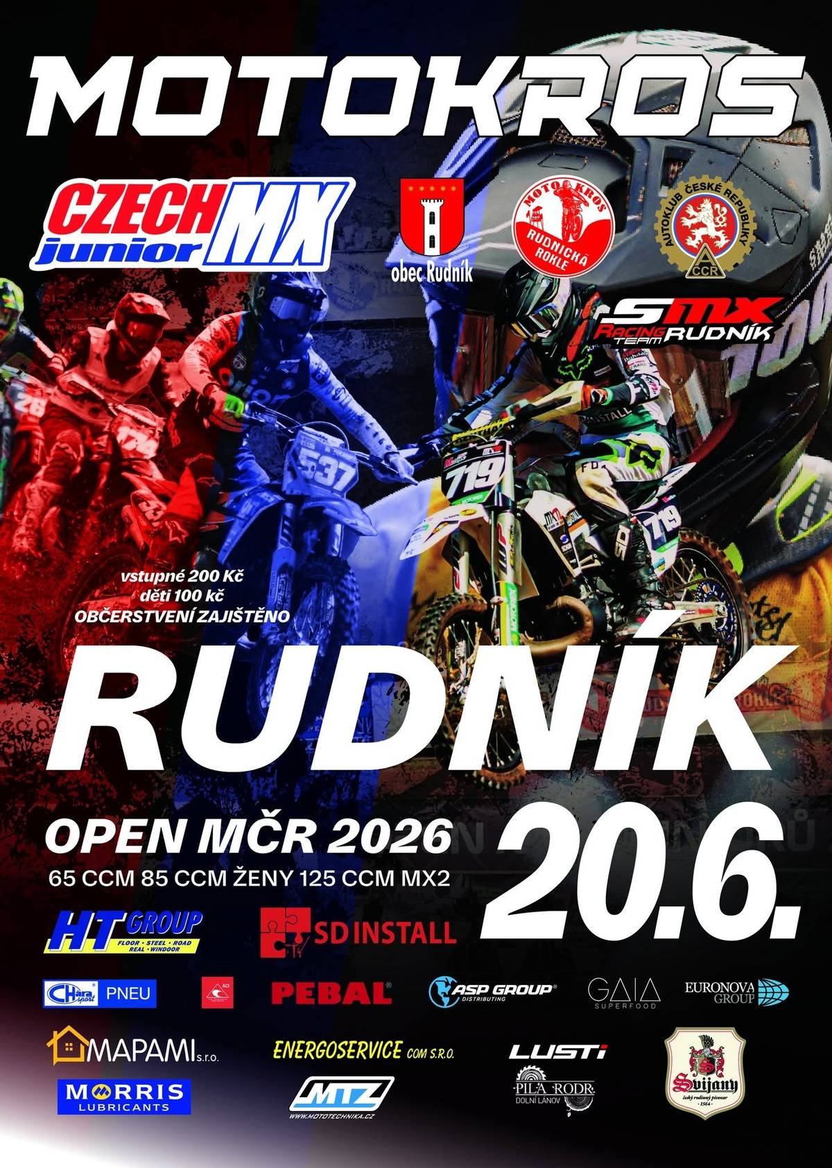 Zveme fanoušky motokrosu i širokou veřejnost na OPEN MČR 2026. 📆 Sobota 20. června 2026 ⏰ 7:30 tréninky  ⏰ 11:30 start závodů 📍 Rudník – trať Rudnická rokle 💰 vstupné 200Kč, děti 100Kč Přijďte podpořit všechny jezdce, kteří najdou odvahu a postaví se na startovní rošt jedné z nejtěžší dráhy v ČR. Bohaté občerstvení zajištěno. Přijďte si užít sobotu plnou adrenalinu, rychlosti a motokrosových soubojů v jedinečné atmosféře Rudnické rokle! Upozorňujeme všechny jezdce a diváky na UZÁVĚRU komunikace od Trutnova do Rudníku. Těšíme se na vás. SMX Racing Team Rudník, Rudnická rokle