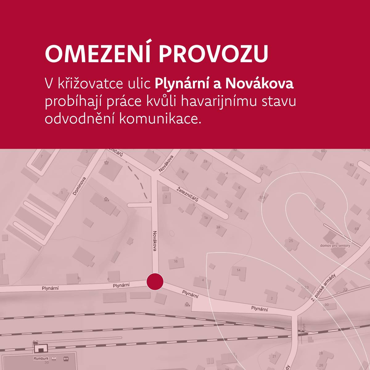 V prostoru křižovatky ulic Plynární a Novákova probíhají práce kvůli havarijnímu stavu odvodnění, které musí projít kompletní opravou.