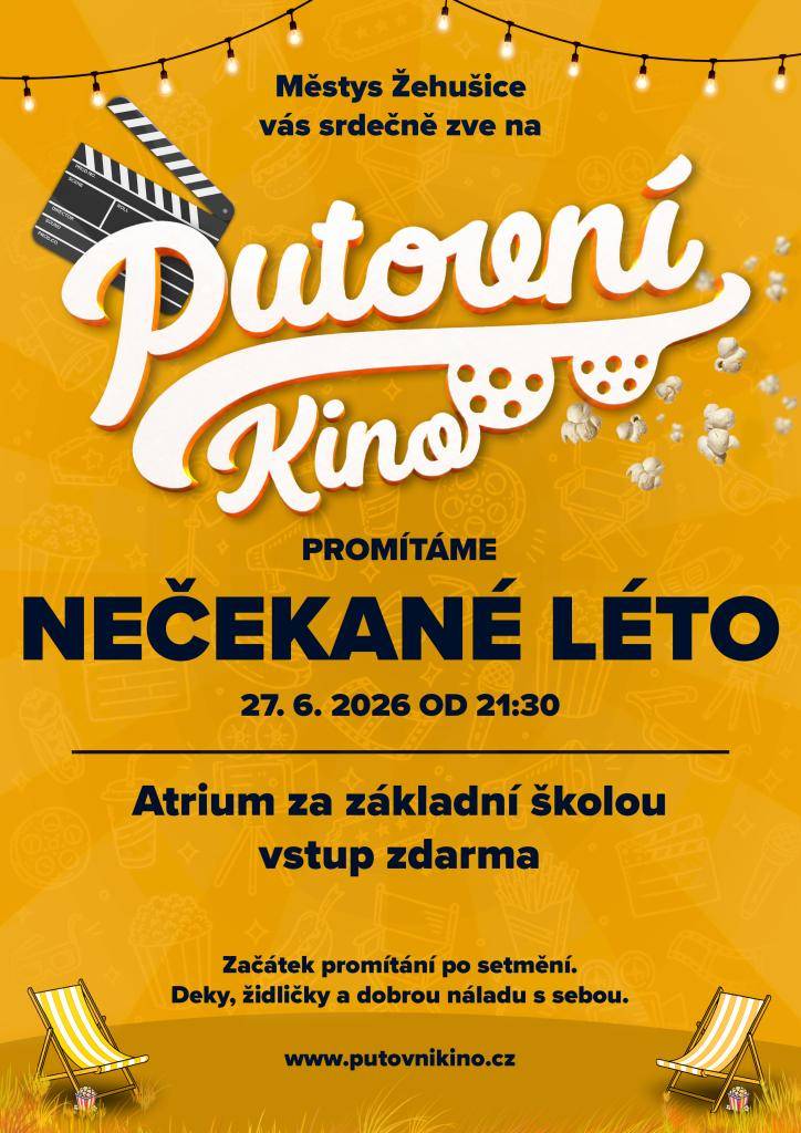 Městys Žehušice pořádá putovní kino, které se koná 27. června 2026 od 21:30. Promítáme NEČEKANÉ LÉTO. Akce se uskuteční v Atriu za základní školou.