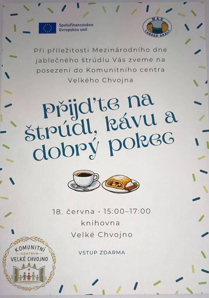 Při příležitosti Mezinárodního dne jablečného štrúdlu vás srdečně zveme na příjemné odpolední posezení do Komunitního centra Velké Chvojno. Den jablečného štrúdlu se každoročně slaví v červnu a je věnován této oblíbené tradiční pochoutce.