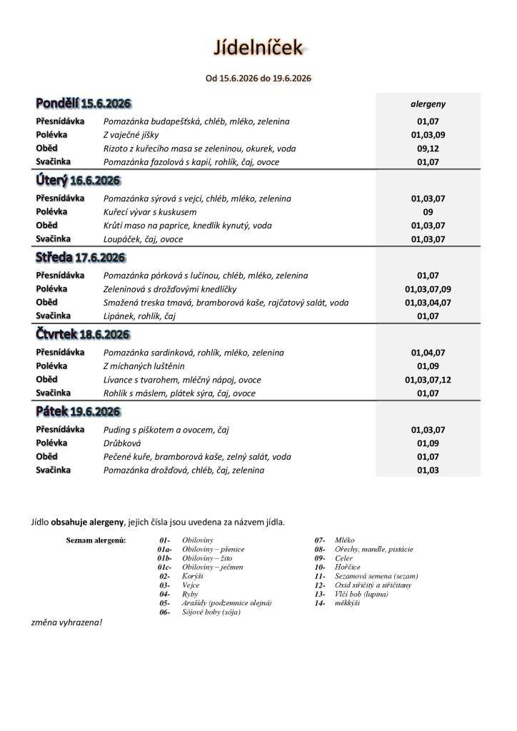 Jídelníček základní školy platný v týdnu od 15. do 19.6.2026