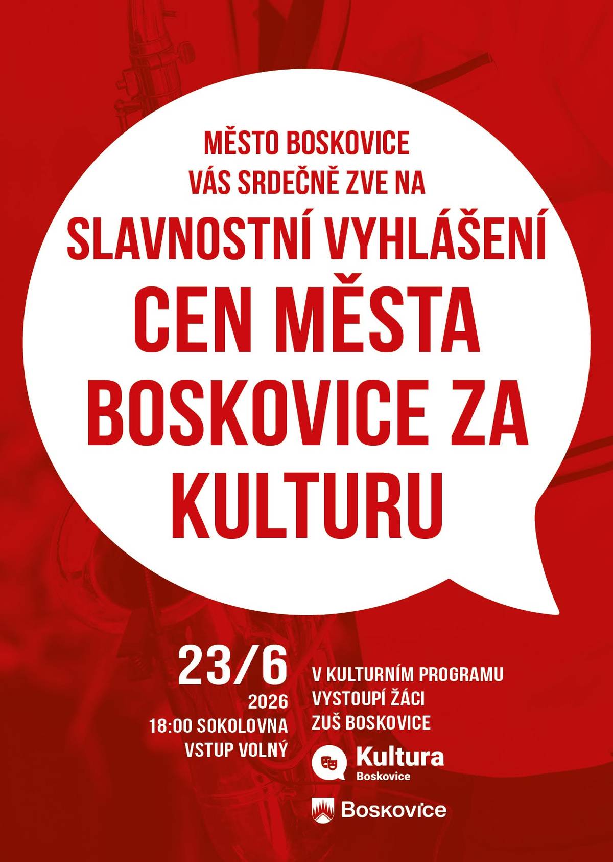 Po třech letech budou v Boskovicích opět předány Ceny za kulturu města Boskovice. Slavnostní večer se uskuteční v úterý 23. června 2026 od 18 hodin v Sokolovně Boskovice. Součástí programu bude také kulturní vystoupení žáků ZUŠ Boskovice. Ceny za kulturu jsou poděkováním lidem, kteří svým talentem, tvorbou, dlouholetou činností či mimořádnými počiny obohacují kulturní život v Boskovicích. Vstup na akci je zdarma.