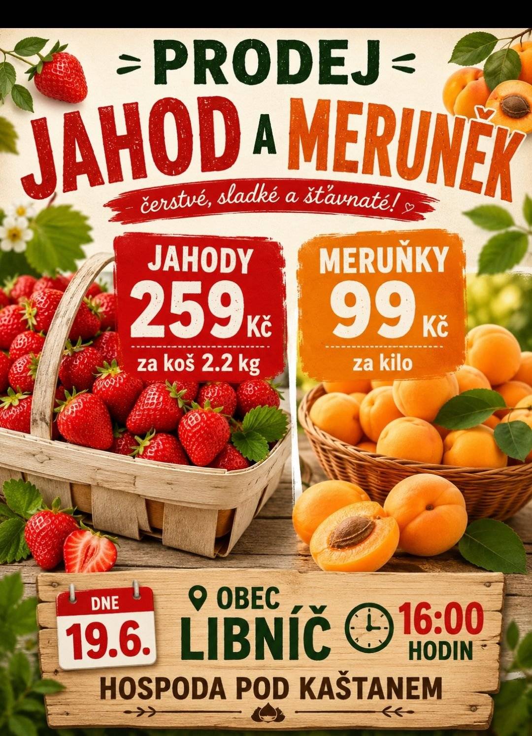 V pátek 19.6. v 16:00 proběhne prodej jahod na Libníčské návsi u hospody.