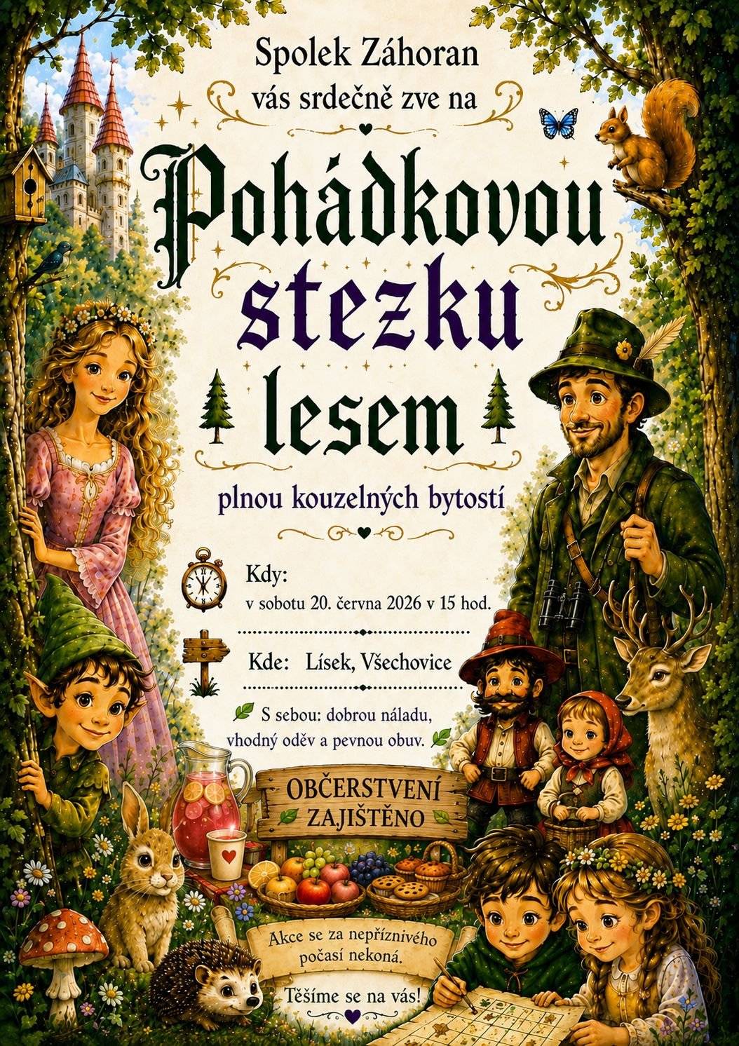 Čeká vás dobrodružná cesta lesem, kde potkáte pohádkové bytosti, splníte zajímavé úkoly a vyluštíte tajenku. Za vyřešení tajenky čeká na každé dítě odměna. Začátek v 15 hod.  S sebou dobrou náladu, vhodný oděv a pevnou obuv. Malé občerstvení zajištěno. Přijďte si užít kouzelné odpoledne plné fantazie, zábavy a lesních dobrodružství. Těšíme se na vás! Spolek Záhoran.