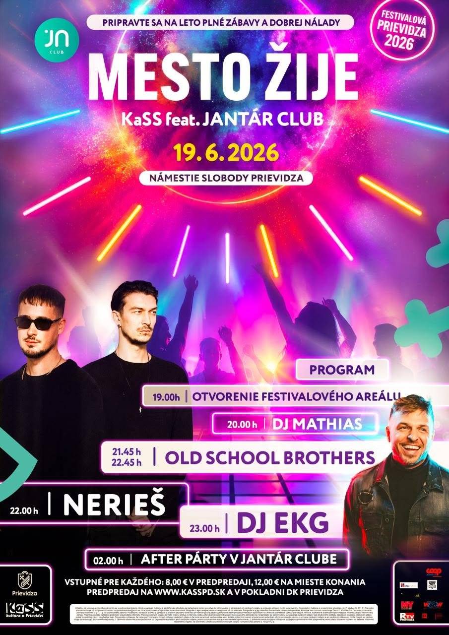 Najväčšia mestská party je späť už TENTO PIATOK. A tentokrát prinesie V I A C! 🚀 Môže sa ti zdať, že minuloročnú nadupanú noc už nič neprekoná, ale priprav sa na reset reality ⚡ V piatok 19. júna 2026 sa Námestie slobody v Prievidzi opäť zmení na epicentrum letného vibeu, hudby, svetiel ✨ a energie, ktorú bude cítiť ešte dlho po poslednom beate 🔊 V spolupráci s Jantár Clubom ti prinášame ďalší ročník mestskej party, kde sa stretne hip-hop 🎤, tanečné shows aj DJs 🎧, ktorí rozbijú ticho mesta až do rána. 💥 Čaká ťa večer plný hudby, pohybu, emócií a ľudí, ktorí prišli za jediným cieľom — užiť si noc naplno 🍾 ━━━━━━━━━━━━━━ 🎵 LINE-UP 🎵 ━━━━━━━━━━━━━━ 🕖 19.00 h – Otvorenie festivalového areálu Brány sa otvárajú. Nahodíme vibe, rozsvietime námestie ✨ a noc môže začať 🌃 🎧 20.00 h – DJ Mathias Odpáli večer setom, ktorý ťa vytiahne na nohy skôr, než stihneš dopiť svoj drink 🍹 💃 21.45 h – Old School Brothers Profesionálna tanečná crew, ktorá predvedie svoju nabitú choreografiu. 🎤 22.00 h – Nerieš Hip-hopové duo z Pezinka — Matej Straka a Matej „Gabryell“ Gábriš. 🔥Tracky, ktoré poznáš naspamäť. Vibe, ktorý chceš zažiť naživo. 🕺 22.45 h – Old School Brothers Ešte viac pohybu, šialené moves a show, ktorá vystrelí publikum do výšky. 🎧 23.00 h – DJ EKG  Keď si myslíš, že už to vyššie nejde, príde on. BPM, ktoré ti rozbúcha srdce ❤️🔥 a roztočí nočný vibe do úplného maxima. 🌙 02.00 h – AFTER PARTY | Jantár Club 🔥 Pre tých, ktorým jedna noc nestačí. A keď odznie posledný track na námestí? AFTER PÁRTY v Jantár Clube od 02.00 h!   🥂 Príď sa zabaviť, vypustiť paru a zažiť najväčšiu párty roka v srdci mesta.Vstupné: 8,00 € v predpredaji, 12,00 € na mieste. Vstupenky v predpredaji v pokladni DK Prievidza alebo na https://vstupenky.kasspd.sk/  Vstup pod 15 rokov len v sprievode dospelej osoby