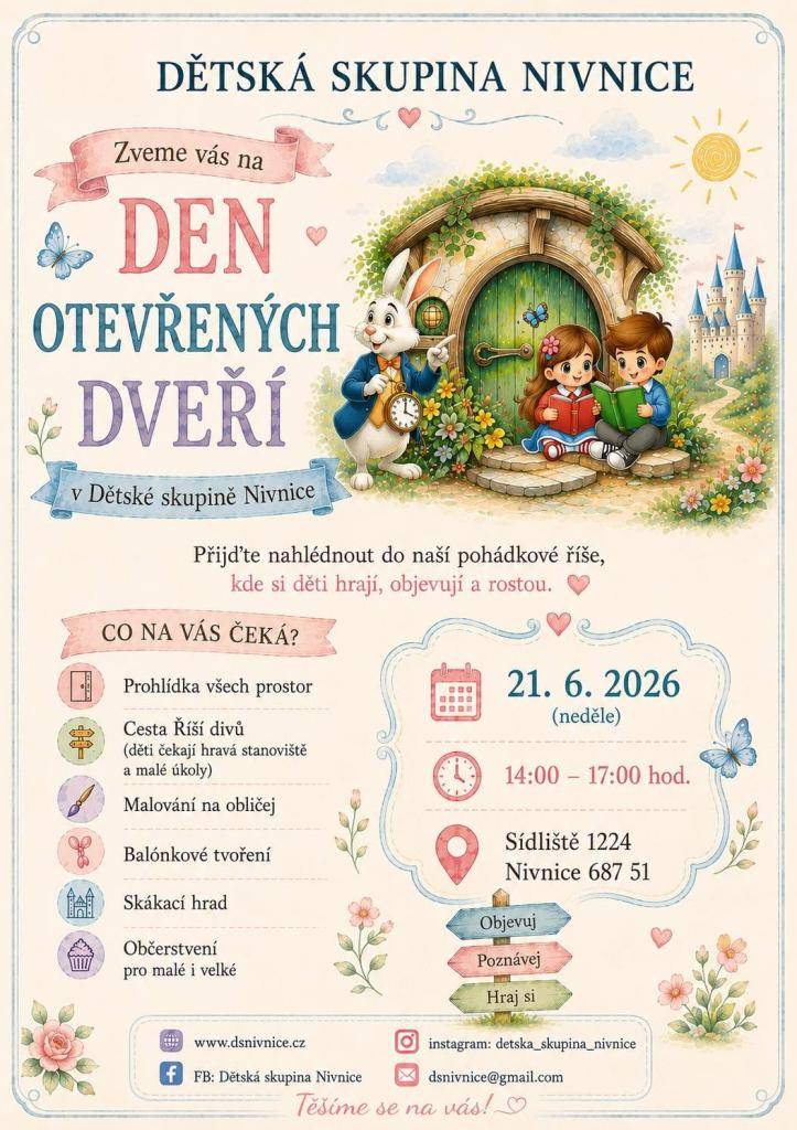 Dětská skupina Nivnice zve na Den otevřených dveří - v neděli 21. června od 14:00 do 17:00.