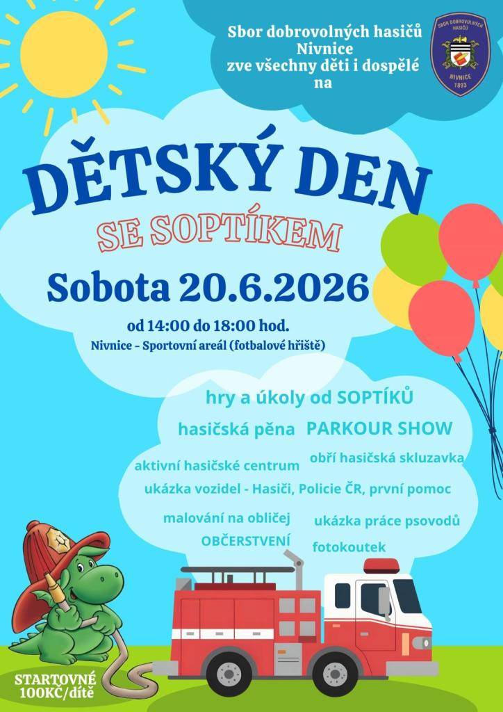 SDH Nivnice zve všechny děti i dospělé na Dětský den se Soptíkem - v sobotu 20. června od 14:00 na fotbalové hřiště v Nivnici.