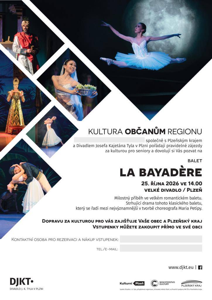 Vážení divadelní přátelé,  zasílám Vám podklady k prvnímu představení následující sezóny, kterým bude balet La Bayadère  Informace o představení   Datum a čas: 25. 10. 2026 ve 14:00   Místo konání: Velké divadlo   Podrobnosti o hře: https://www.djkt.eu/repertoar/la-bayadre-2025