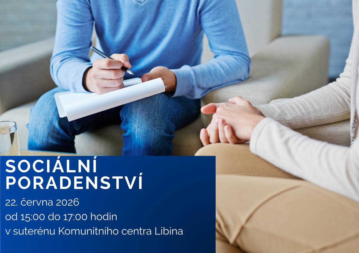 Sociální poradenství Obec Libina nabízí svým občanům možnost využít bezplatného poradenství týkající se především těchto oblastí života obyvatel: - informace o sociálních službách; - základní dluhové poradenství; - poradenství v nepříznivých životních situacích; - poradenství ve věci sociálních dávek pro rodiny s dětmi, seniory a občany se zdravotním postižením; - poradenství ve věci invalidity a další. Poradenství probíhá v suterénu Komunitního centra Libina (Libina 521). Do budovy komunitního centra prosím vstupujte bočním vchodem. Den a čas konání – pondělí 22. června 2026 od 15:00 do 17:00 hodin. Není nutné se objednávat. Službu zajišťuje zkušený a prověřený odborný pracovník. Mlčenlivost je garantována.