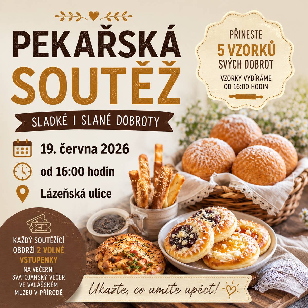 Máte doma recept na nejlepší koláčky, vdolky, zelňáky, tyčinky nebo jinou domácí dobrotu? Přijďte se pochlubit svým pekařským uměním a zasoutěžit si! 📅 Pátek 19. června 2026 🕓 Od 16:00 hodin 📍 Lázeňská ulice Soutěžit se bude ve dvou kategoriích: 🥐 Slané dobroty 🧁 Sladké dobroty Stačí přinést 5 vzorků svého výrobku a zapojit se do soutěže. 🎁 Každý soutěžící získá 2 volné vstupenky na večerní Svatojánský večer ve Valašském muzeu v přírodě. Neváhejte a ukažte, že právě vaše dobrota patří mezi nejlepší v Rožnově. Těšíme se na všechny šikovné pekaře a pekařky! 👩🍳👨🍳 👌 VYHLÁŠENÍ VÝSLEDKŮ PEKAŘSKÉ SOUTĚŽE proběhne v 18:15 hodin na Lázeňské ulici, kdy odborná porota vybere tři nejlepší vzorky v každé kategorii 👌  Napište nám, co rádi pečete 👌