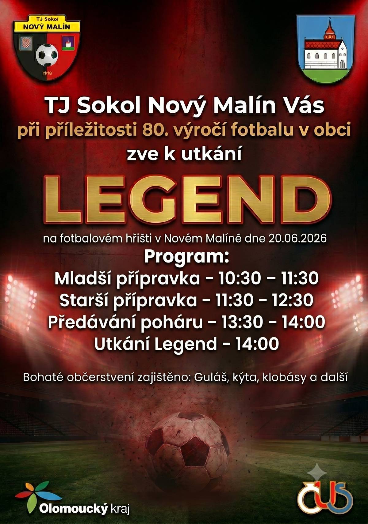 TJ Sokol Nový Malín zve k utkání legend v sobotu 20.6.2026