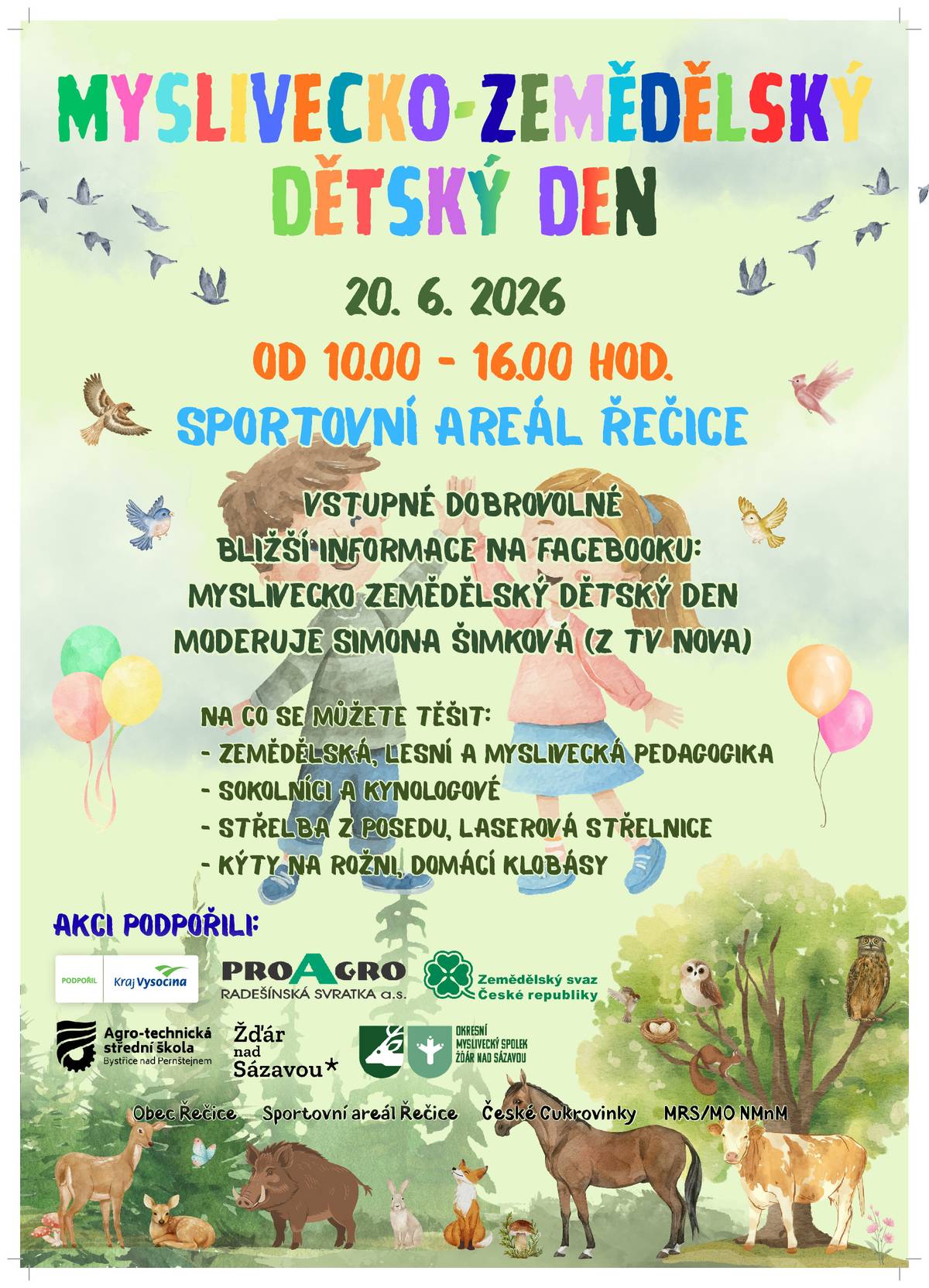 Pozvánka na Myslivecko‑zemědělský dětský den do Řečice, který se uskuteční v sobotu 20. 6. 2026 od 10:00. Více na plakátě pod příspěvkem.