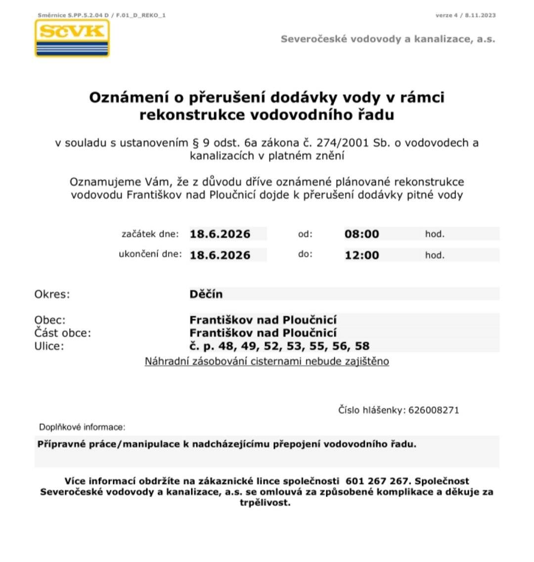 Odstávka pouze pro čísla popisné 48, 49, 52, 53, 55, 56 a 58.