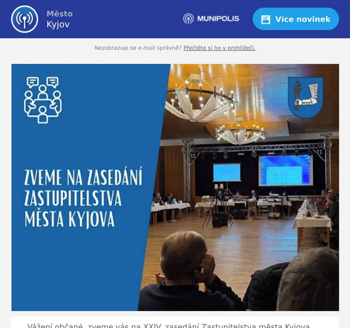 Vážení občané, zveme vás na XXIV. zasedání Zastupitelstva města Kyjova, které se uskuteční 15. června od 17:00 v estrádním sále kulturního domu. Online přenos můžete sledovat ZDE. Těšíme se na vás.  