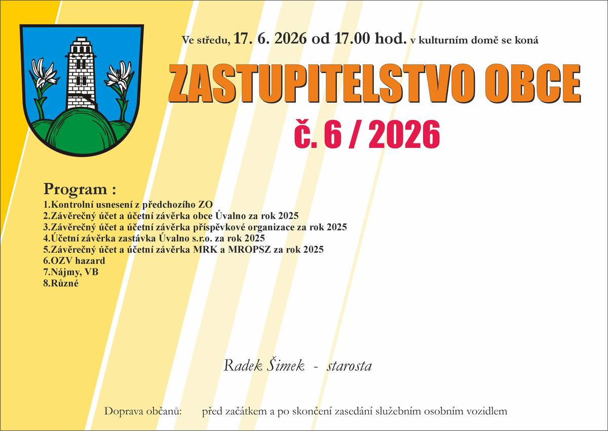 Ve středu 17.6. se od 17 hodin koná v sále kulturního domu Veřejné zasedání zastupitelstva obce.  Svoz občanů je zajištěn jako vždy, obecním vozem z obvyklých míst.