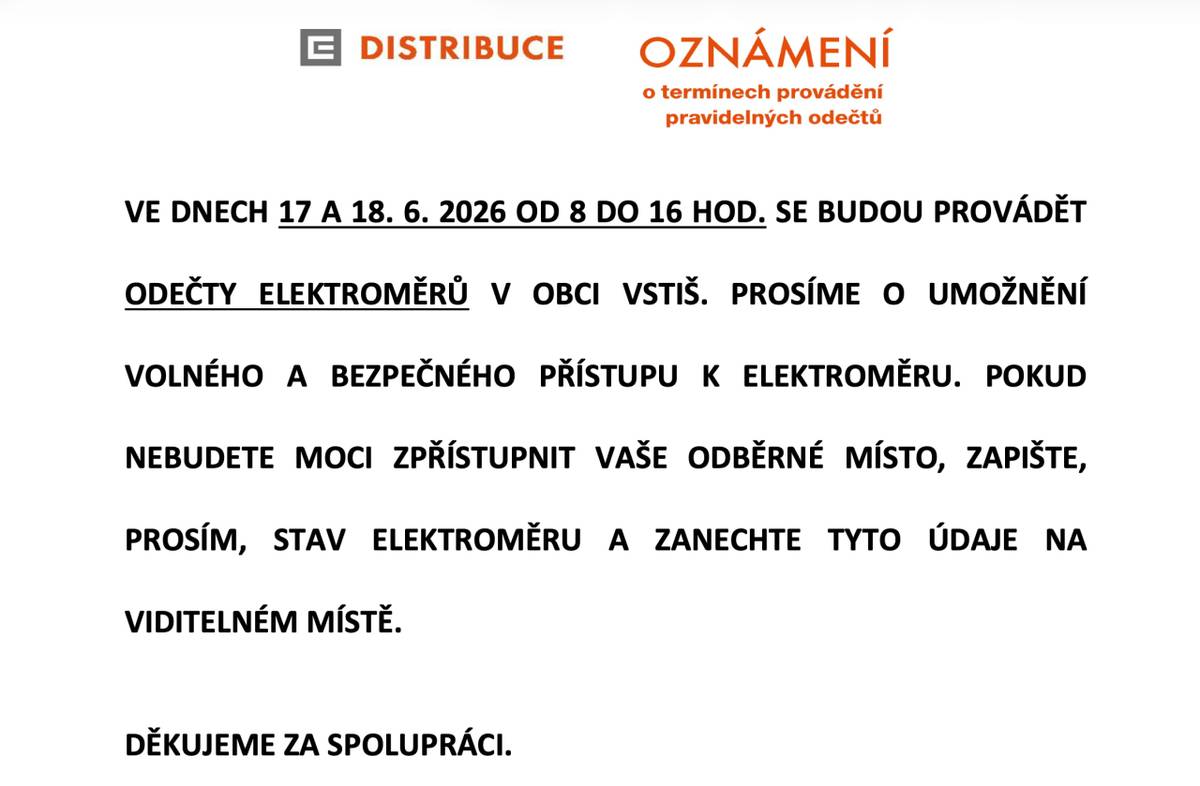 Odečty elektroměrů se budou v obci Vstiš provádět ve dnech 17 a 18. ž. 2026 od 8:00 do 16:00.
