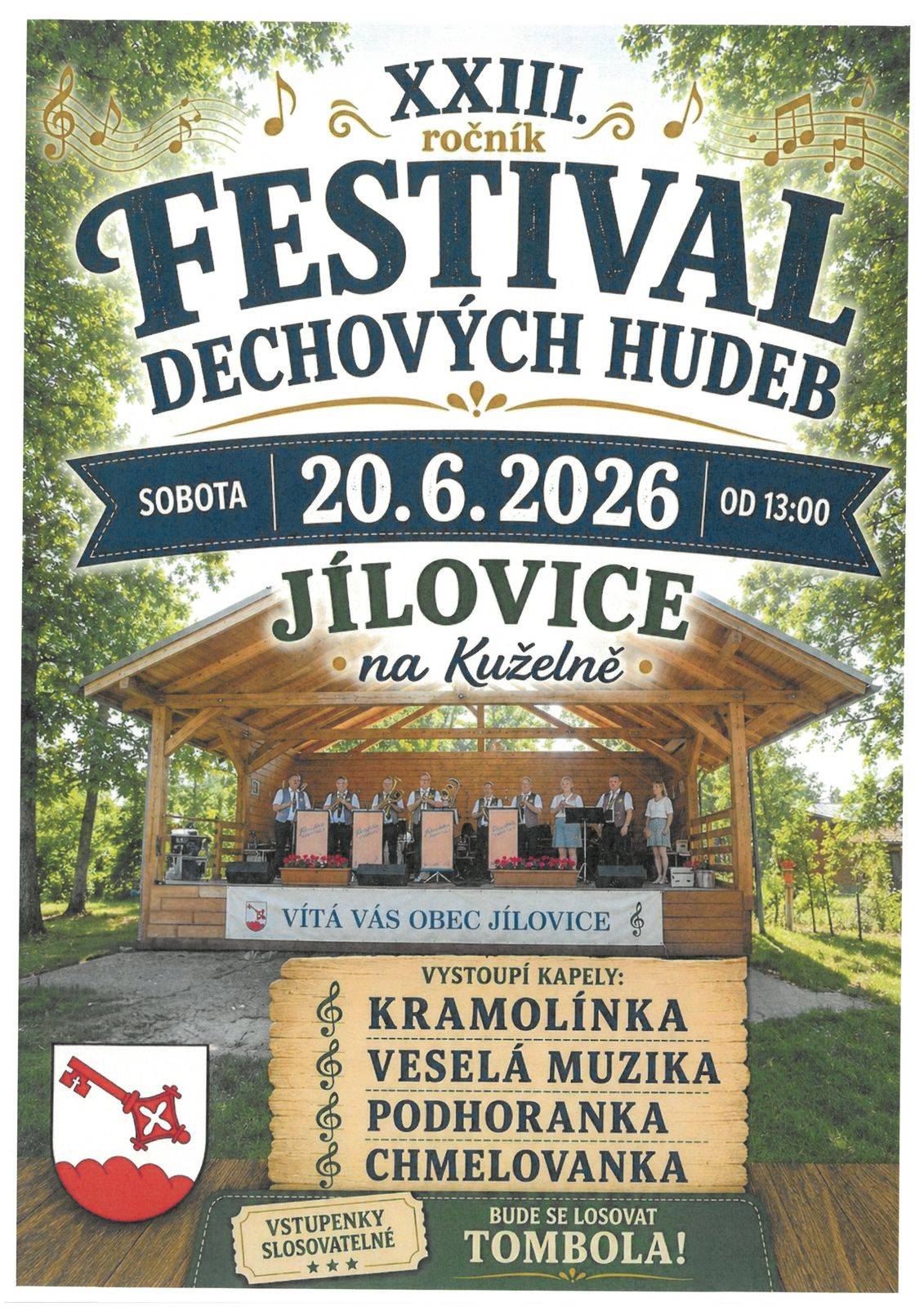 Festival dechových hudeb Jílovice - 20.6.2026 - začátek ve 13:00 hodin. Hraje Kramolínka, Veselá muzika, Podhoranka, Chmelovanka