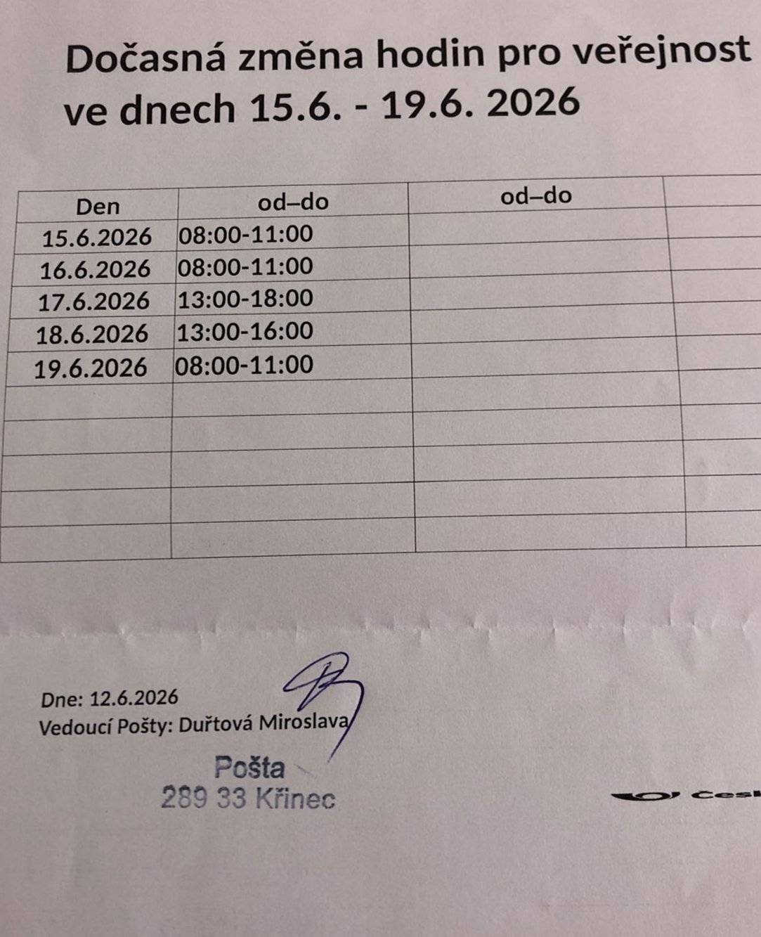 Otevírací doba pošty v Křinci