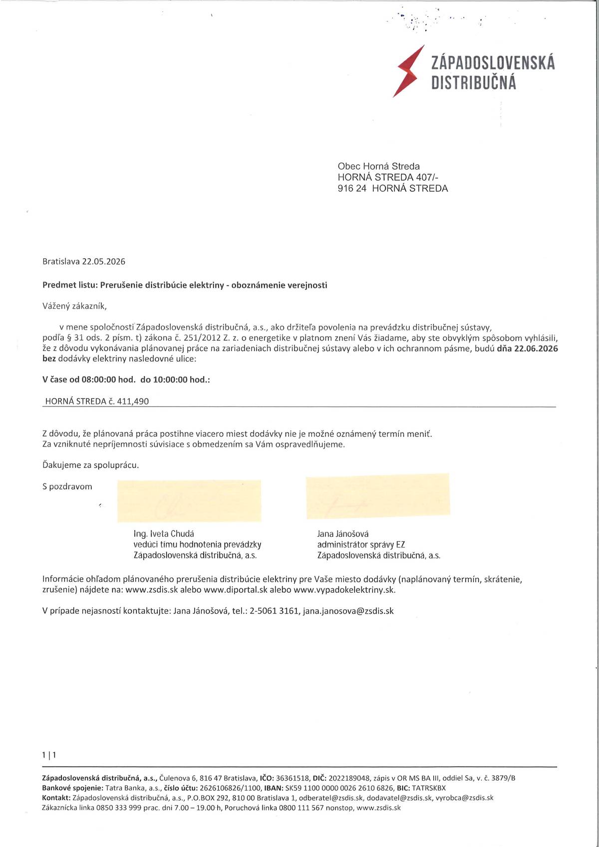Plánované prerušenie distribúcie elektriny dňa 22.06.2026.