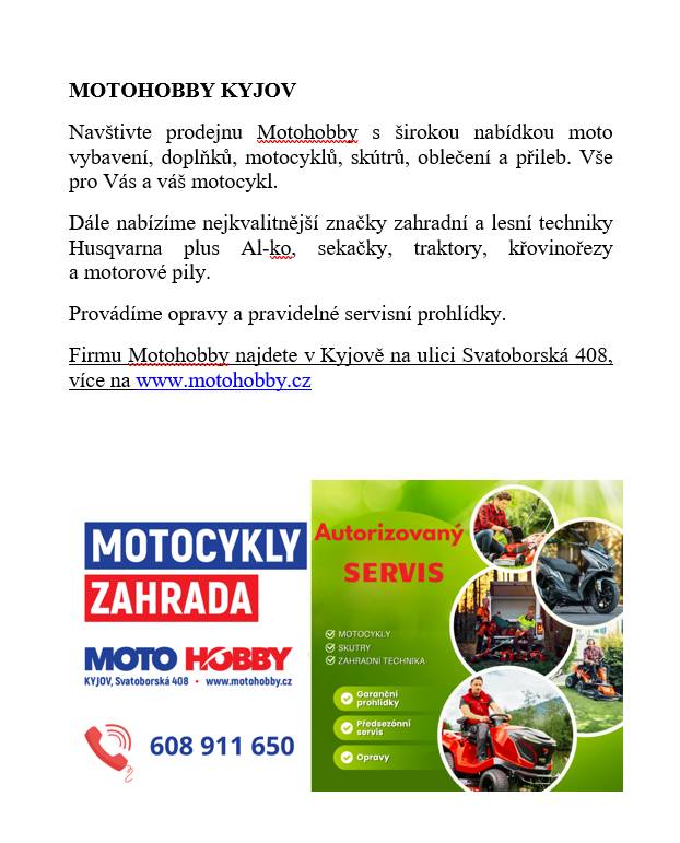 MOTTOHOBBY KYJOV - NABÍDKA MOTO VYBAVENÍ, ZAHRADNÍ A LESNÍ TECHNIKY